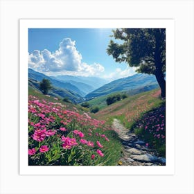 Pink Flowers In The Mountains Art Print