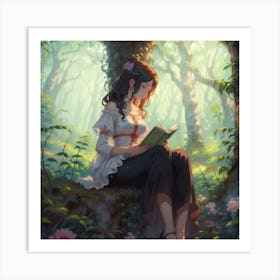Girl With Flower On A Tree In The Forest Art Print