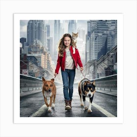 Girl And Her Dogs 1 Art Print