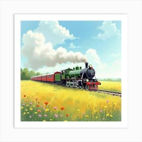 Classic Train Traveling Through A Vibrant Watercolor Meadow 1 Art Print