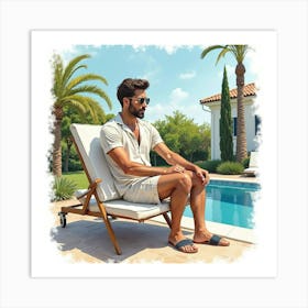 Stylish Italian Man In Watercolor, Relaxing At A Mediterranean Villa Art Print