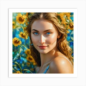 Sunflower Girl With Blue Eyebjs Art Print