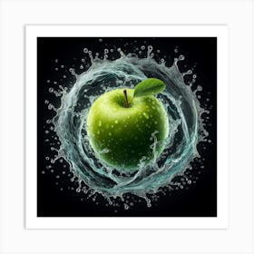 Green Apple Splashing Water Art Print