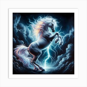 Majestic White Horse in a Thunderstorm - Stunning Digital Art Print with Lightning Art Print