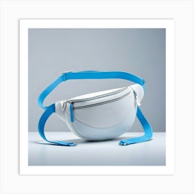 A White Fanny Pack With A Bright Blue Strap And Silver Hardware, Displayed Against A Light Gray Background Art Print