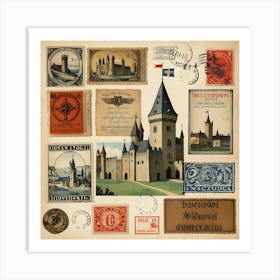 Collection Of Antique Postcards And Stamps In A Frame Art Print