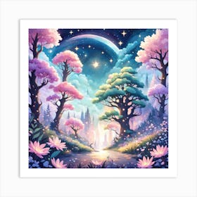 A Fantasy Forest With Twinkling Stars In Pastel Tone Square Composition 425 Art Print