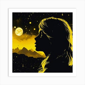 Portrait Of A Girl Looking At The Moon Art Print