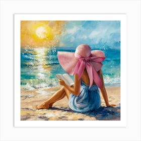 Seaside Serenity The Woman In The Pink Ribbon Hat (1) Art Print