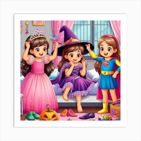 Three Little Girls Dressed Up For Halloween Art Print