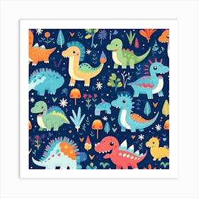 Cute Dinosaurs Seamless Pattern Art Print