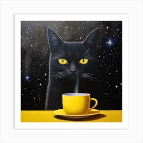 Black Cat With Yellow Cup Art Print