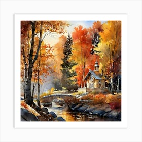 Autumn House By The River Art Print