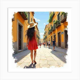 Spanish Girl In A Lively Street Scene, Watercolor With Energetic Brushstrokes 1 Art Print