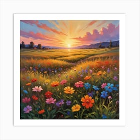 Wildflowers Sunset, Square Retro Art, Flower Fields Art Print Art Print