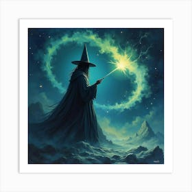 Black Magic Practitioner In Swirling Watercolor Night Scene 1 Art Print