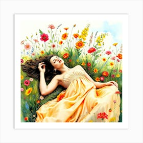 Girl In A Yellow Dress in Flower Field Art Print