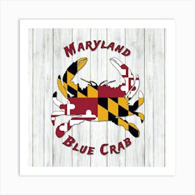 Maryland Blue Crab And Flag On Wood Art Print