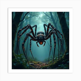 Giant Spider With Enchanted Web In A Dark, Mystical Forest 1 Art Print