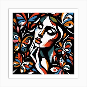 Vivid Coloured Portrait with Butterflies Abstract Art Print