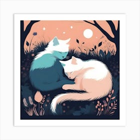 Cats Sleeping In The Garden At Night, Peach With Turquoise Art Print