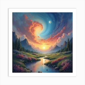 Soul In A Mystical, Colorful Watercolor Landscape 1 Art Print