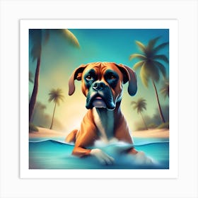 A dog boxer swimming in beach and palm trees 8 Art Print