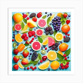 Fresh Fruits On Blue Background 1 Art Print