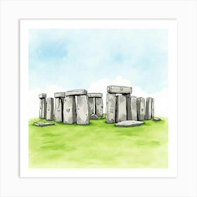 Watercolor Rendering Of Stonehenge, Showcasing The Mysterious Stone Circle Under A Serene Sky Art Print