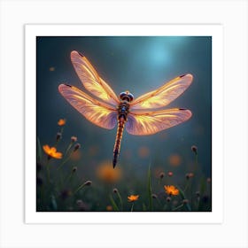 A Mythical Dragonfly With Wings Of Glowing, Fractal Colors Fluttering Through A Cosmic Meadow 1 Art Print