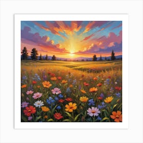 Wildflowers Sunset, Square Retro Art, Flower Fields Art Print 1 Art Print