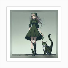 Anime Girl And Cat Art Print