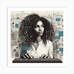 Black Woman Using A Computer Art Print