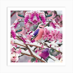 Birds In The Snow- purple floral winter natural art Art Print