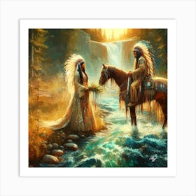 Oil Texture Native American Couple By Stream 8 Copy Art Print