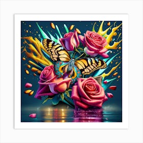 Butterfly And Roses 1 Art Print