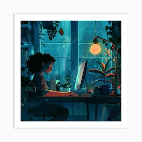 Portrait Of A Girl Working At Her Computer Art Print