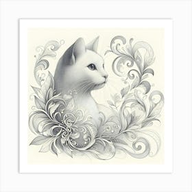 Cat In Floral Frame Art Print