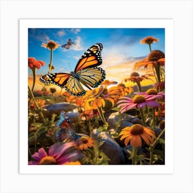 Butterfly In A Flower Field Art Print