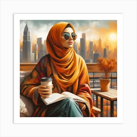 City Skyline: A Realistic and Colourful Painting of a Woman with Hijab and Sunglasses Art Print