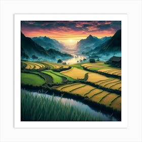 Beautiful views of rice fields, close to the river and surrounded by mountains, 18 Art Print