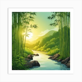 A Stream In A Bamboo Forest At Sun Rise Square Composition 121 Art Print