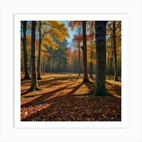 A Vibrant Autumn Forest With A Carpet Of Fallen Leaves And A Clear Blue Sky Art Print