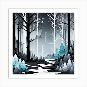 Forest At Night, Forest night,   Forest bathed in the warm glow of the moon, forest night illustration, forest art, sunset forest vector art, night, forest painting, dark forest, landscape painting, nature vector art, Forest night art, trees, pines, spruces, and firs, black, blue and white Art Print