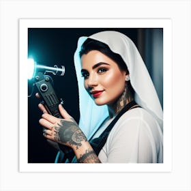 Tattooed Woman With A Tattoo Gun Art Print