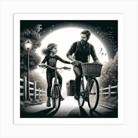 Father with Daughter Bicycle Riding Black and White photo Art Print