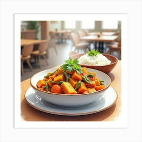 Watercolor Art Of A Savory And Aromatic Vegetable Curry On A Cozy Restaurant Table Art Print