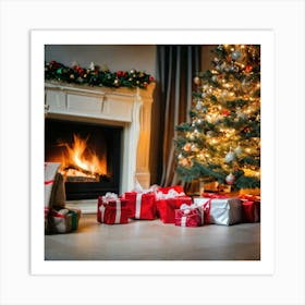 Christmas Presents In Front Of Fireplace 4 Art Print