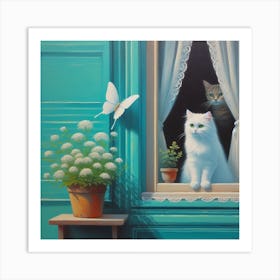 White Cat And Butterfly Art Print