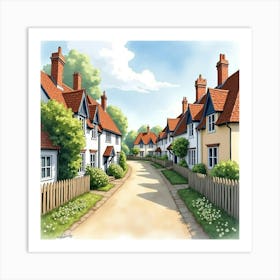 A Quaint English Village Street With Charming Houses, Watercolor Depiction Art Print